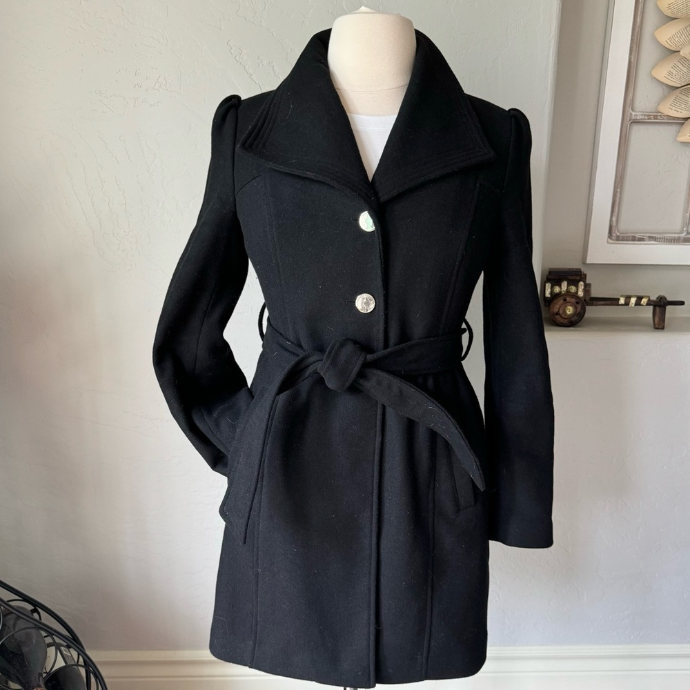 Guess‎ Winter Coat Womens Black Wool Blend Winter Coat with Belt Size L